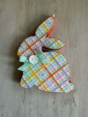 Handmade Plaid Pastel Fabric Bunny Décor with Mint Bow